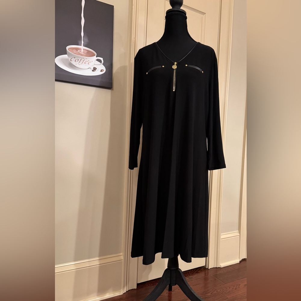 Anne Klein Black Long-Sleeve Midi Dress with Gold Accents